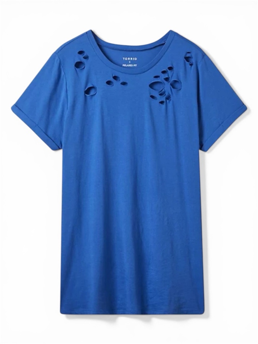 Torrid 1X Relaxed Fit Rolled Sleeve Destructed Cotton Blend Blue T-shirt NWT